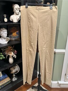 Mariel Designer High‑Rise Stretch Tan Trousers with Front Slits Size 16